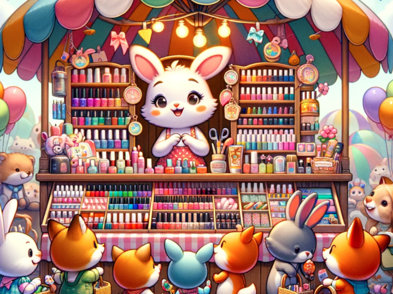 image of selling nail products at a vibrant outdoor market stall is ready. It captures a whimsical scene with a rabbit vendor showcasing a variety of nail products to an excited group of animal customers