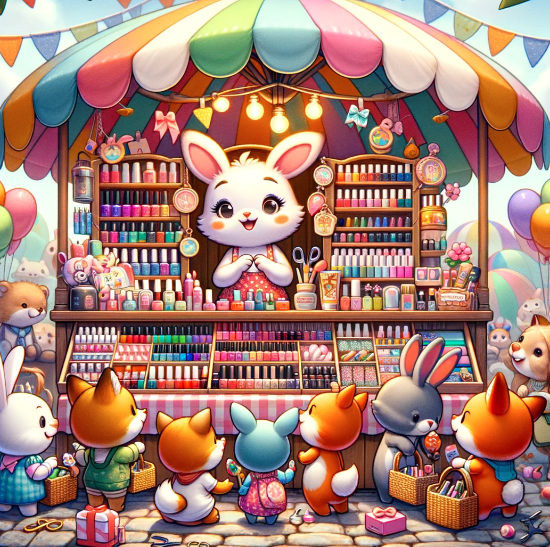 image of selling nail products at a vibrant outdoor market stall is ready. It captures a whimsical scene with a rabbit vendor showcasing a variety of nail products to an excited group of animal customers