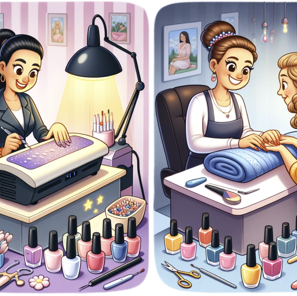 image that creatively depicts the differences between a nail technician and a manicurist within a salon setting